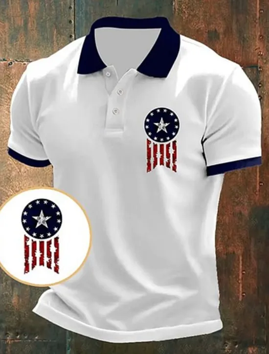 Outlet OUKU American Independence Day Men's American US Flag Polo Shirts Button Up Polos Golf Shirt Short Sleeve Polo Shirts Lapel Fashion Casual Daily Festival Print Summer White Red Blue