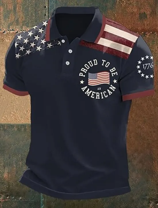 Hot OUKU American Independence Day Men's American US Flag Polo Shirts Button Up Polos Golf Shirt Short Sleeve Polo Shirts Lapel Fashion Casual Daily Festival Print Summer Black White Navy Blue