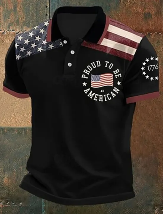 Hot OUKU American Independence Day Men's American US Flag Polo Shirts Button Up Polos Golf Shirt Short Sleeve Polo Shirts Lapel Fashion Casual Daily Festival Print Summer Black White Navy Blue