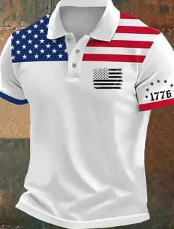 Discount OUKU American Independence Day Men's American US Flag Polo Shirts Button Up Polos Golf Shirt Short Sleeve Polo Shirts Lapel Fashion Casual Daily Festival Print Summer White Pink Red