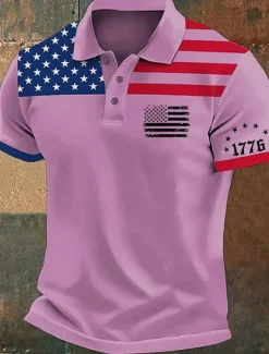 Discount OUKU American Independence Day Men's American US Flag Polo Shirts Button Up Polos Golf Shirt Short Sleeve Polo Shirts Lapel Fashion Casual Daily Festival Print Summer White Pink Red