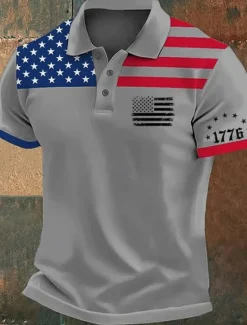 Discount OUKU American Independence Day Men's American US Flag Polo Shirts Button Up Polos Golf Shirt Short Sleeve Polo Shirts Lapel Fashion Casual Daily Festival Print Summer White Pink Red
