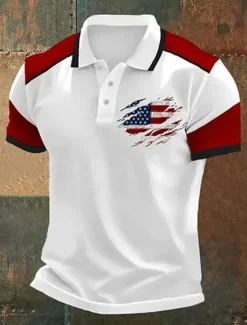 Outlet OUKU American Independence Day Men's American US Flag Polo Shirts Button Up Polos Golf Shirt Short Sleeve Polo Shirts Lapel Fashion Casual Daily Festival Print Summer Black Red Khaki