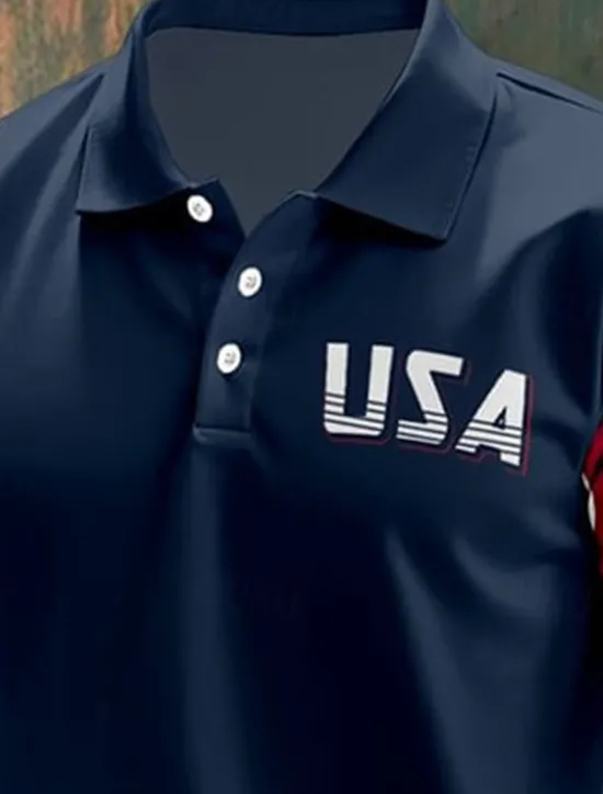 OUKU American Independence Day Men's American US Flag Polo Shirts Button Up Polos Golf Shirt Short Sleeve Polo Shirts Lapel Fashion Casual Daily Festival Print Summer Navy Blue