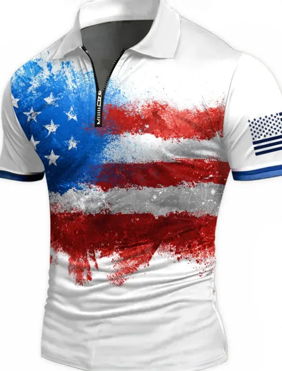 Best OUKU American Independence Day Men's American US Flag Zip Polo Shirts Short Sleeve Polo Shirts Collared Shirts Casual Athleisure Daily Wear 3D Print Summer White Red Blue