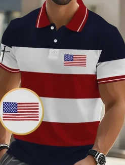 Sale OUKU American Independence Day Men's Color Block American US Flag Polo Shirts Button Up Polos Golf Shirt Short Sleeve Polo Shirts Lapel Fashion Casual Daily Festival Print Summer Red