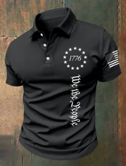New OUKU American Independence Day Men's American US Flag 1776 Polo Shirts Button Up Polos Golf Shirt Short Sleeve Polo Shirts Lapel Fashion Casual Daily Festival Print Summer Black White Gray