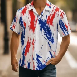 Outlet OUKU Bastille Day Men's Patriotic French Flag Shirt Summer Shirt Button Up Shirt Short Sleeve Fashion Casual Holiday Festival Summer Spring Turndown 3D Print Collared Shirts White Red