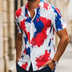 Outlet OUKU Bastille Day Men's Patriotic French Flag Shirt Summer Shirt Button Up Shirt Short Sleeve Fashion Casual Holiday Festival Summer Spring Turndown 3D Print Collared Shirts White Red