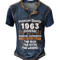 Online OUKU Birthday Mens Graphic Shirt Premium Quality 1963 Vintage Dude Wisdom Experience Courage Ability The Man Myth Legend 3D For Blue Summer Henley Tee Brown
