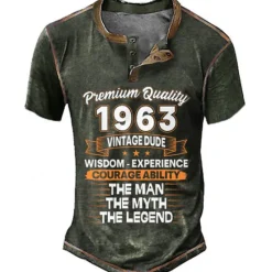Online OUKU Birthday Mens Graphic Shirt Premium Quality 1963 Vintage Dude Wisdom Experience Courage Ability The Man Myth Legend 3D For Blue Summer Henley Tee Brown