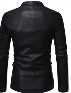 New OUKU Men's PU Leather Blazer Office Work Street Pocket Fashion Casual Spring & Fall Polyester Plain Pocket Casual / Daily Single Breasted Blazer Black