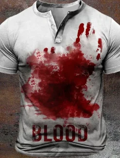 Hot OUKU Blood stains Designer Steampunk Men's 3D Print T shirt Tee Carnival Party Street T shirt Short Sleeve Henley Collar Shirt Summer Spring Clothing Apparel S M L XL XXL XXXL White