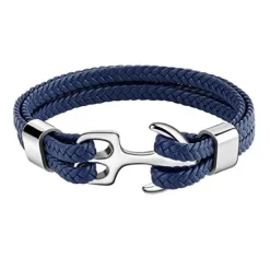 Best OUKU bracelet for men, sturdy cowhide leather bracelet, multilayer vintage anchor bracelet wrap cuff - blue with silver anchor
