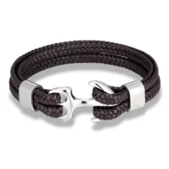Best OUKU bracelet for men, sturdy cowhide leather bracelet, multilayer vintage anchor bracelet wrap cuff - blue with silver anchor