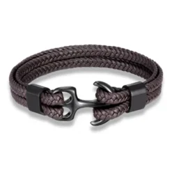 Best OUKU bracelet for men, sturdy cowhide leather bracelet, multilayer vintage anchor bracelet wrap cuff - blue with silver anchor
