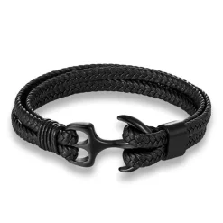 Best OUKU bracelet for men, sturdy cowhide leather bracelet, multilayer vintage anchor bracelet wrap cuff - blue with silver anchor