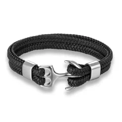 Best OUKU bracelet for men, sturdy cowhide leather bracelet, multilayer vintage anchor bracelet wrap cuff - blue with silver anchor