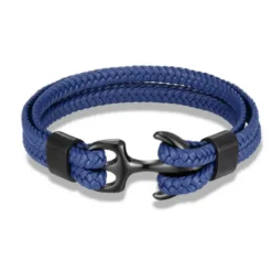 Best OUKU bracelet for men, sturdy cowhide leather bracelet, multilayer vintage anchor bracelet wrap cuff - blue with silver anchor
