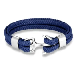 Best OUKU bracelet for men, sturdy cowhide leather bracelet, multilayer vintage anchor bracelet wrap cuff - blue with silver anchor
