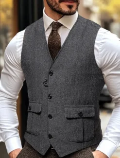 Discount OUKU Brown Grey Men's Fashion Herringbone Tweed Vest Tailored Fit V Neck Single Breasted Four-buttons