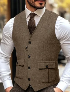 Discount OUKU Brown Grey Men's Fashion Herringbone Tweed Vest Tailored Fit V Neck Single Breasted Four-buttons
