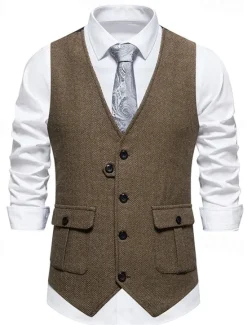 Discount OUKU Brown Grey Men's Fashion Herringbone Tweed Vest Tailored Fit V Neck Single Breasted Four-buttons