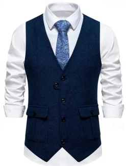 Discount OUKU Brown Grey Men's Fashion Herringbone Tweed Vest Tailored Fit V Neck Single Breasted Four-buttons
