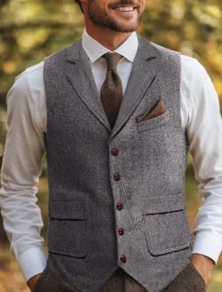 Hot OUKU Brown Grey Men's Herringbone Tweed Vest Standard Fit Notch Single Breasted Five-buttons