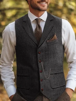 Hot OUKU Brown Grey Men's Herringbone Tweed Vest Standard Fit Notch Single Breasted Five-buttons