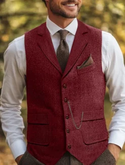 Hot OUKU Brown Grey Men's Herringbone Tweed Vest Standard Fit Notch Single Breasted Five-buttons
