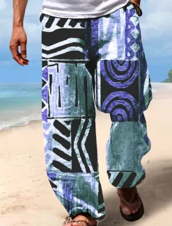 Discount OUKU Christmas Beach Pants Tribal Geometric Pattern Mens Graphic | Summer Daily Holiday Brown Cotton | African | Trousers Drawstring Elastic Waist 3D Print Color Block Prints Comfort Casual