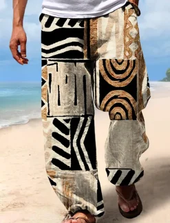 Discount OUKU Christmas Beach Pants Tribal Geometric Pattern Mens Graphic | Summer Daily Holiday Brown Cotton | African | Trousers Drawstring Elastic Waist 3D Print Color Block Prints Comfort Casual