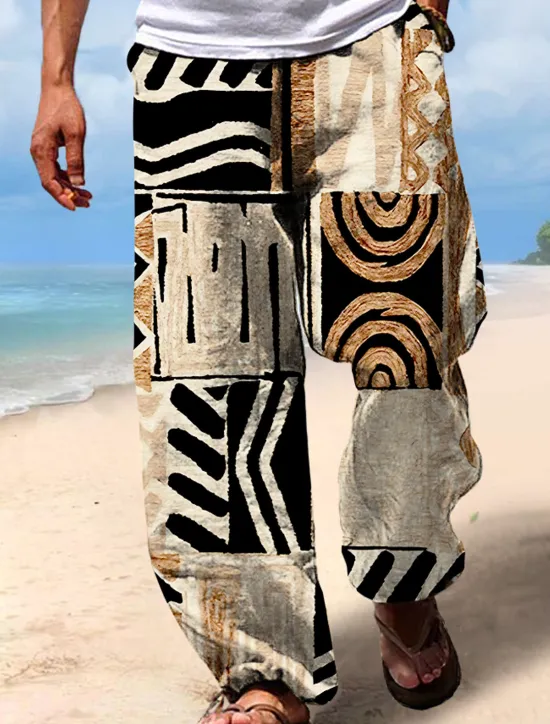 Discount OUKU Christmas Beach Pants Tribal Geometric Pattern Mens Graphic | Summer Daily Holiday Brown Cotton | African | Trousers Drawstring Elastic Waist 3D Print Color Block Prints Comfort Casual