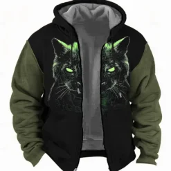 Hot OUKU Christmas Men's Cat Hoodie Hoodies Sweatshirt Fashion Daily Long Sleeve Hooded Holiday Travel Yellow Blue Drawstring Zipper Pocket Fall Winter Designer