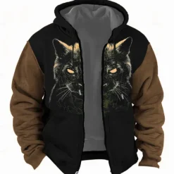 Hot OUKU Christmas Men's Cat Hoodie Hoodies Sweatshirt Fashion Daily Long Sleeve Hooded Holiday Travel Yellow Blue Drawstring Zipper Pocket Fall Winter Designer
