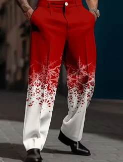 Outlet OUKU Christmas Men's Christmas Scene Printed Pants Snowflake Business Casual 3D Print Trousers Outdoor Street Wear to work Polyester Black and White Wine Yellow S M L High Elasticity Pants