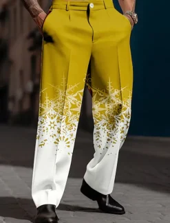 Outlet OUKU Christmas Men's Christmas Scene Printed Pants Snowflake Business Casual 3D Print Trousers Outdoor Street Wear to work Polyester Black and White Wine Yellow S M L High Elasticity Pants