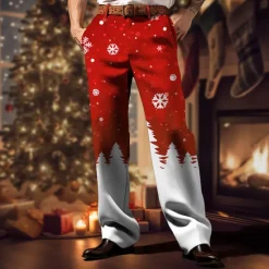 Online OUKU Christmas Men's Christmas Scene Printed Pants Snowflake Business Casual 3D Print Trousers Outdoor Street Wear to work Ugly Polyester Wine Yellow Blue S M L High Elasticity Pants