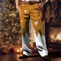 Online OUKU Christmas Men's Christmas Scene Printed Pants Snowflake Business Casual 3D Print Trousers Outdoor Street Wear to work Ugly Polyester Wine Yellow Blue S M L High Elasticity Pants
