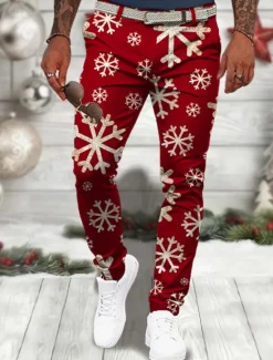Sale OUKU Christmas Men's Christmas Scene Printed Pants Snowflake Business Casual 3D Print Dress Trousers Outdoor Daily Wear Streetwear Polyester Wine Black Blue S M L Medium Waist Elasticity Pants