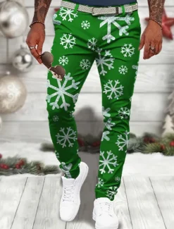 Sale OUKU Christmas Men's Christmas Scene Printed Pants Snowflake Business Casual 3D Print Dress Trousers Outdoor Daily Wear Streetwear Polyester Wine Black Blue S M L Medium Waist Elasticity Pants