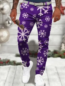 Sale OUKU Christmas Men's Christmas Scene Printed Pants Snowflake Business Casual 3D Print Dress Trousers Outdoor Daily Wear Streetwear Polyester Wine Black Blue S M L Medium Waist Elasticity Pants
