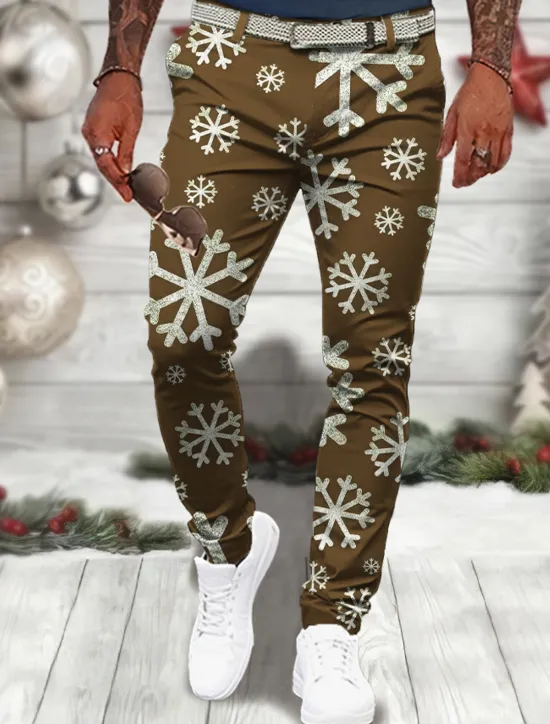 Sale OUKU Christmas Men's Christmas Scene Printed Pants Snowflake Business Casual 3D Print Dress Trousers Outdoor Daily Wear Streetwear Polyester Wine Black Blue S M L Medium Waist Elasticity Pants