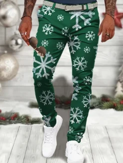 Sale OUKU Christmas Men's Christmas Scene Printed Pants Snowflake Business Casual 3D Print Dress Trousers Outdoor Daily Wear Streetwear Polyester Wine Black Blue S M L Medium Waist Elasticity Pants