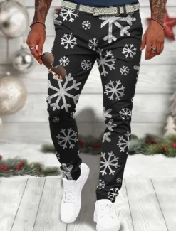 Sale OUKU Christmas Men's Christmas Scene Printed Pants Snowflake Business Casual 3D Print Dress Trousers Outdoor Daily Wear Streetwear Polyester Wine Black Blue S M L Medium Waist Elasticity Pants