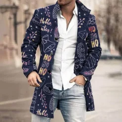 New OUKU Christmas Men's Letter Bell Winter Coat Overcoat Warm Breathable Comfortable Business Bootie Christmas Work Wear to work Pocket Print Fall & Winter Turndown Long Sleeve Black Wine Blue