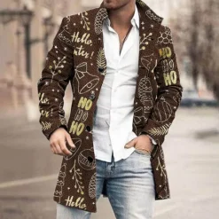 New OUKU Christmas Men's Letter Bell Winter Coat Overcoat Warm Breathable Comfortable Business Bootie Christmas Work Wear to work Pocket Print Fall & Winter Turndown Long Sleeve Black Wine Blue