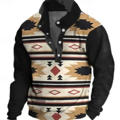 Outlet OUKU Christmas Men's Plaid Ethnic Sweatshirt Sweatshirt Long Sleeve Sweatshirt Stand Collar Daily Basic Ethnic Print Vacation Holiday Buttons Spring Fall Winter Black