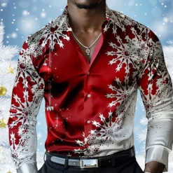 Sale OUKU Christmas Men's Snowflake Satin Shirt Dress Shirt Button Up Shirt Long Sleeve Casual Vacation Party Evening Wear Dailywear Summer Spring Fall Collared Shirts 3D Print Yellow Red Blue Purple Green
